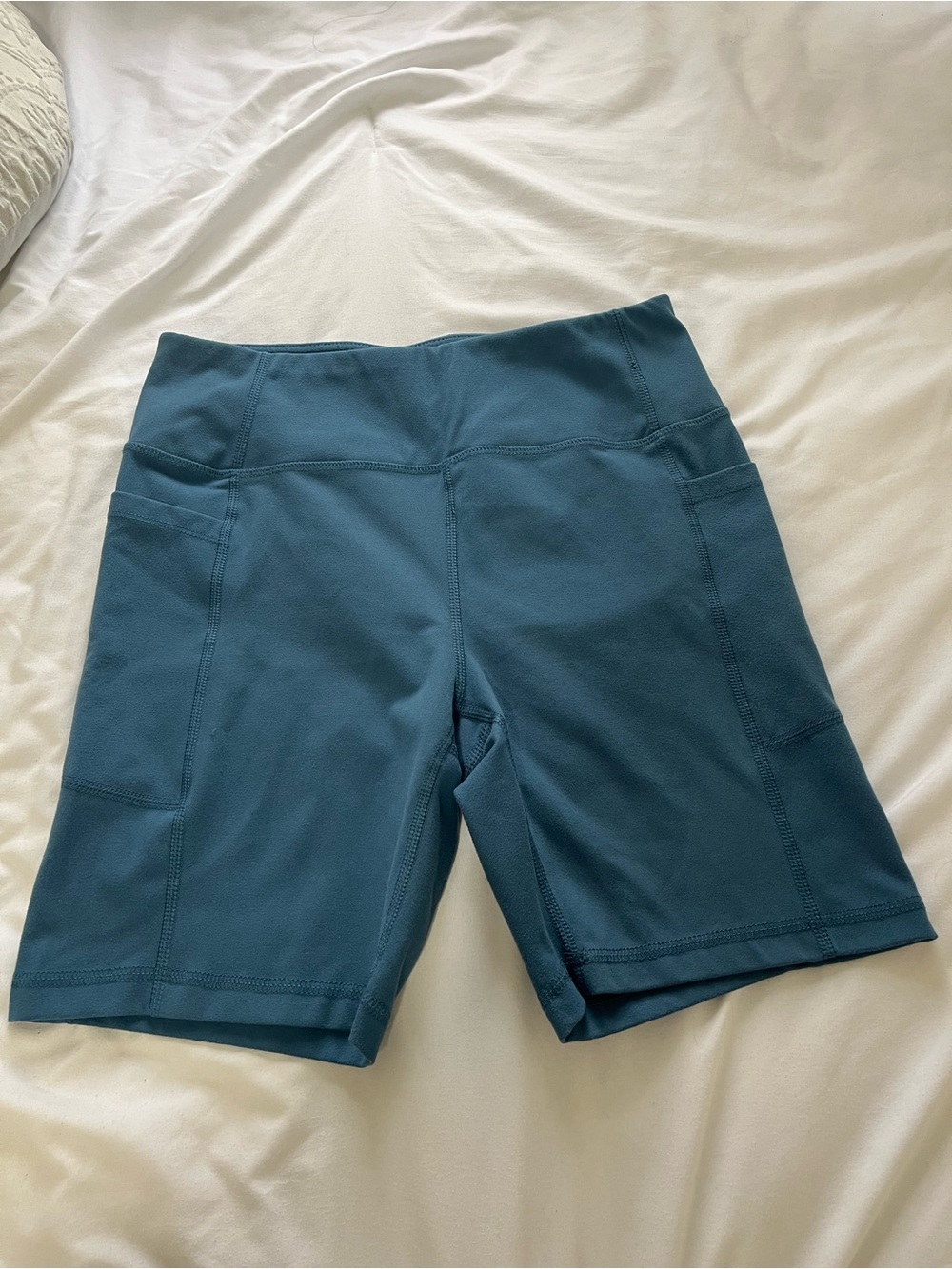Yogalicious Teal-Blue High Waisted Bike Shorts with Side Pockets